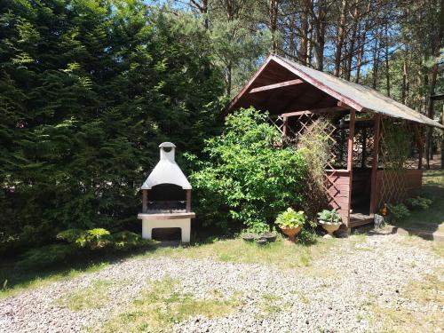 a small house with a fireplace in a yard at Wczasy na Kaszubach, balia, sauna, jezioro in Wąglikowice