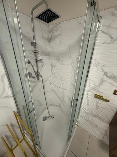 a shower in a bathroom with a glass door at Il Mulin Dell'Architetto in Fornaci di Barga