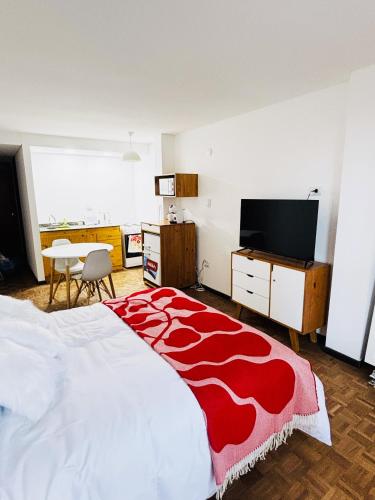 a bedroom with a large bed with a red and white blanket at Hermoso Apartamento en Edificio Saint Michel in Córdoba