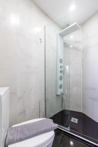 a bathroom with a toilet and a glass shower at Villa Dione Palace in Falasarna