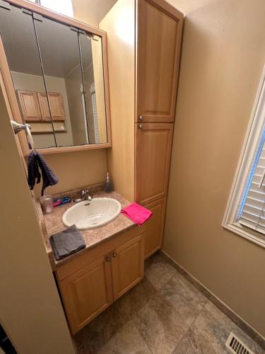 un bagno con lavandino e specchio di Pind da Ghar-BEST DOWNTOWN LOCATION-WALKING TO TRAIN, PLAZA a Brampton