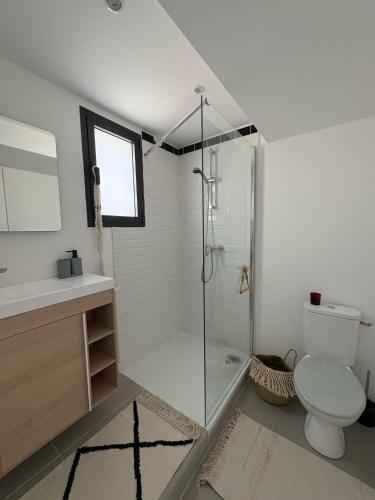 une salle de bain avec une douche en verre et des toilettes dans l'établissement Studio terrasse aperçu mer vignes, à Saint-Cyr-sur-Mer