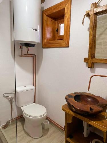 a bathroom with a toilet and a wooden sink at Breb 335 Accomodation & Garden in Breb