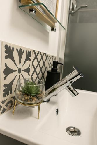 un évier avec un bol de pierres et un robinet dans l'établissement Golden House - Gare & Centre, à Troyes