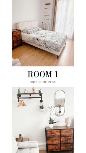 une chambre avec un lit et une commode et une pièce i dans l'établissement Grand appartement, 300m des transports en commun, à Fontenay-sous-Bois