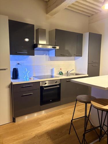 - une cuisine avec des placards gris, un évier et un comptoir dans l'établissement Étoile du Vieux Lyon, à Lyon