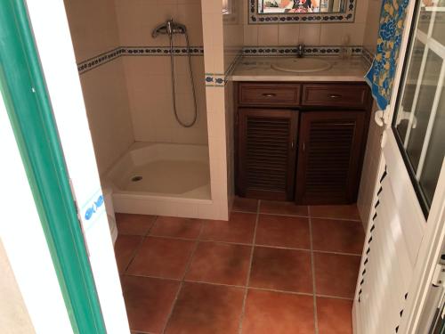 a bathroom with a shower and a sink and a tub at Casa de campo em Riachos in Riachos