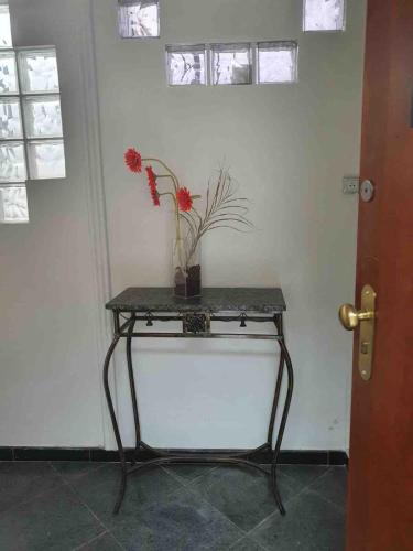 ブラジリアにあるFlat Aconchego Brasília - Sudoesteの赤い花瓶を載せたテーブル