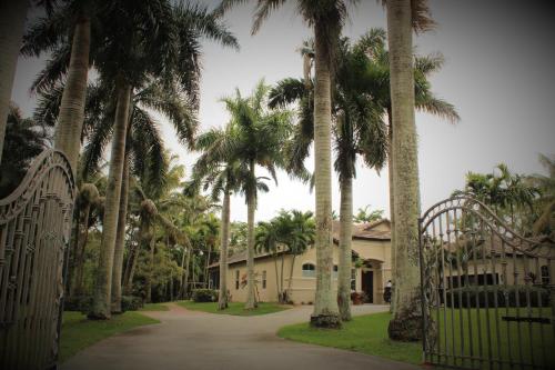 a house with palm trees in front of a driveway at Royal Palms Villa, Pool, Spa, Private Gate, 1,5 acre in Delta