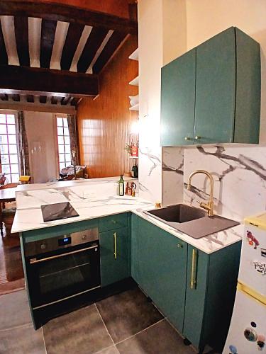 une cuisine avec des armoires vertes et un évier dans l'établissement Appartement de Charme sur l'Île Saint-Louis - Élégance & Authenticité au Cœur de Paris, à Paris