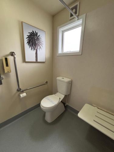 a bathroom with a toilet and a window at Cranford Cottages and Motel in Christchurch