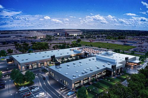 an overhead view of a large building with a parking lot at Fyrebird Place - Industrial Loft with Pavilion & Yard in San Antonio
