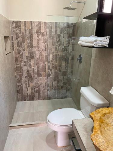 a bathroom with a toilet and a shower at Hospedaje Dzipil in Valladolid