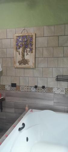 a bath tub in a bathroom with a painting on the wall at chale opucv in Gonçalves