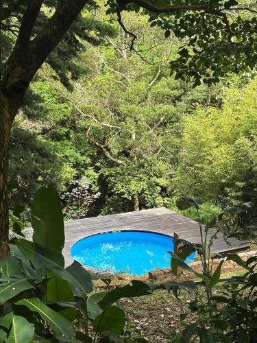 a small blue pond in the middle of a forest at Cabaña de Montaña 9per Aire Fresco & Naturaleza in Trojas