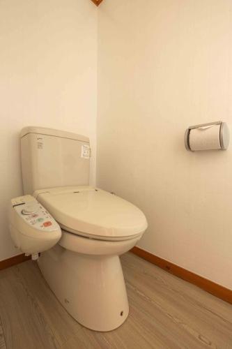a bathroom with a toilet and a roll of toilet paper at Nozawa View Hotel Shimataya in Nozawa Onsen