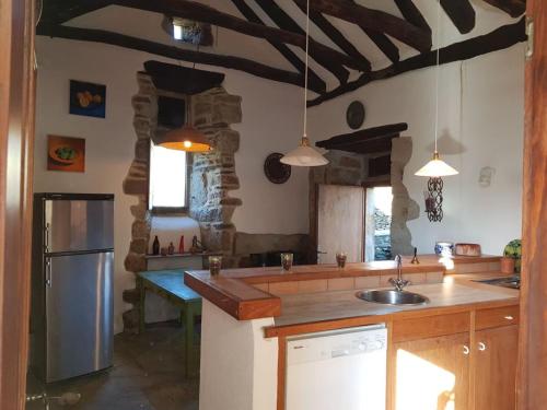 une cuisine avec un évier et un réfrigérateur dans l'établissement La Patouille vert Comfortable holiday residence, à Aujac