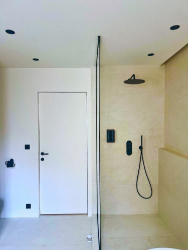 a shower in a bathroom with a glass door at Otentik Noblesse Royal View in Metz