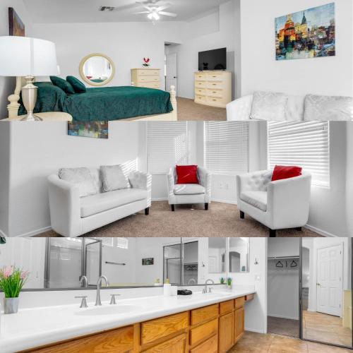 a collage of three pictures of a living room at Game Room Pool King bed Pool Table in Peoria
