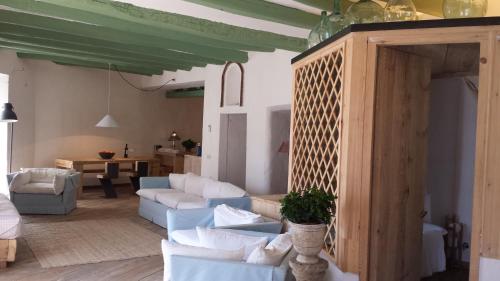 sala de estar con muebles blancos y techo verde en Apartamento Poal-Cadaques, en Cadaqués