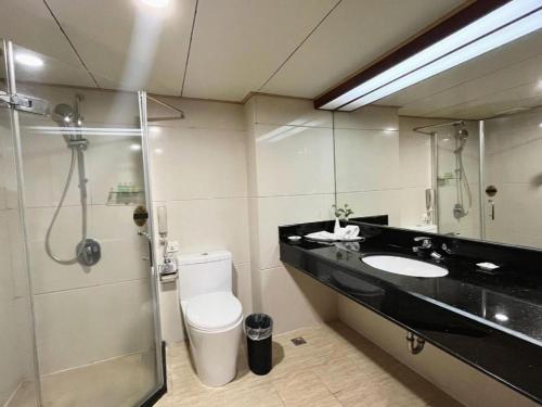 a bathroom with a toilet and a sink and a shower at Chaozhou Hotel in Chaozhou