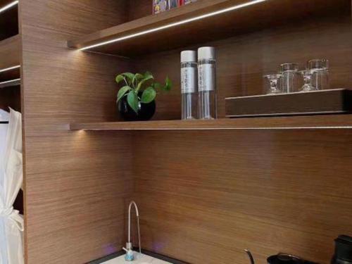a wooden wall with a shelf above a kitchen sink at Chaozhou Hotel in Chaozhou