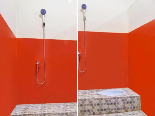two pictures of a bathroom with a shower and a toilet at Hotel O Nakula Sadewa in Areman