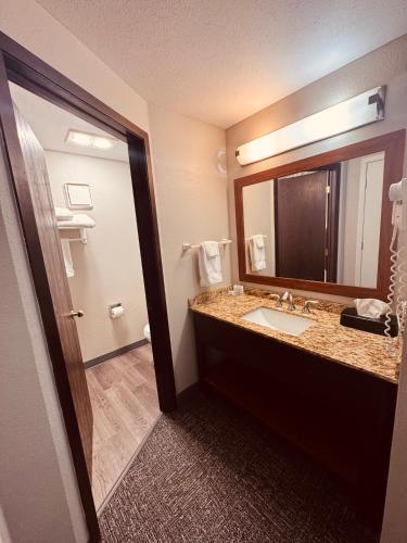 a bathroom with a sink and a mirror at Wingate by Wyndham Anchorage Downtown - Ship Creek in Anchorage
