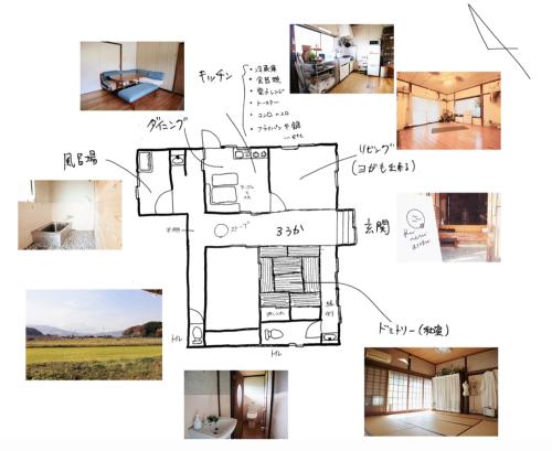 a collage of drawings of a house at KNA healing house くうねるあそぼ ペット可テレビはありません in Suo Oshima