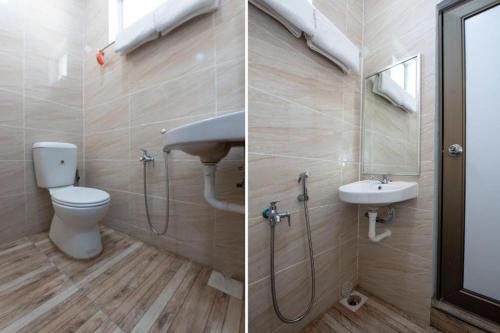 Dos imágenes de un baño con inodoro y lavabo. en Sg Rengit City Resort 2, en Desaru