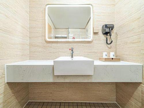 a bathroom with a white sink and a mirror at GreenTree Inn Geermu Walking Street Business Hotel in Golmud