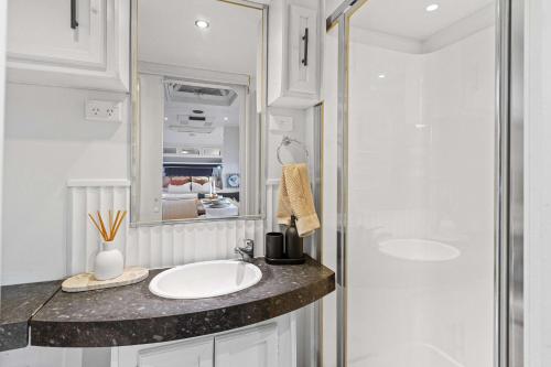 a bathroom with a sink and a shower at Vineyard Farmstay at Vista Fiano in Clare