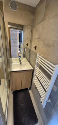 une salle de bain avec un lavabo et un miroir dans l'établissement Studio 6 pers, vue mer, parking, wifi, ponton, au Cap d'Agde
