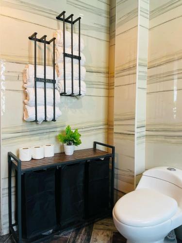 a bathroom with a toilet and towels on a wall at Loft Industrial Petfriendly in Tlaxcala de Xicohténcatl