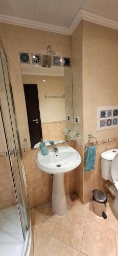 a bathroom with a sink and a shower and a toilet at Stunning Sea View Studio in Andalucia Beach Hotel by Flat Mаnager in Elenite