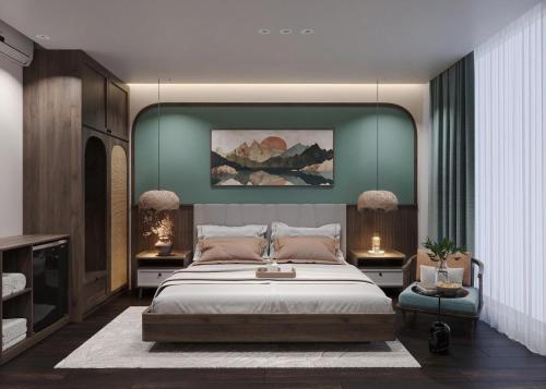 a bedroom with a large bed and two night stands at Sunrise Mountain View Resort in Vang Vieng