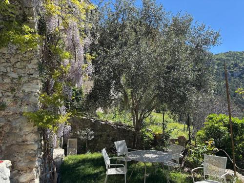 une table et des chaises dans un jardin arboré dans l'établissement Bastide Peille village panoramic view and garden, à Peille