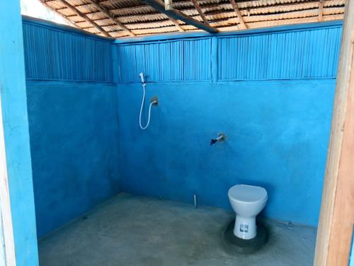 a bathroom with a toilet in a blue wall at Kasumasa Homestay in Fambemuk
