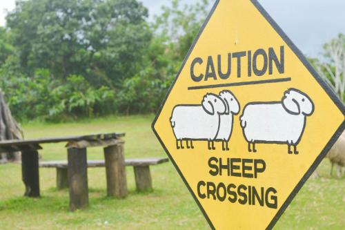 a yellow sign with sheep on it next to a bench at Hotel Kimberly Tagaytay in Tagaytay