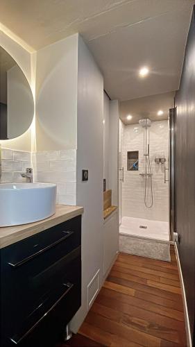 une salle de bain avec un lavabo et une douche dans l'établissement DUPLEX MIRABEAU - Roof terrace with panoramic view, à Aix-en-Provence