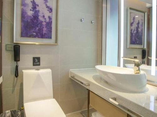 a bathroom with a sink and a toilet at Lavande Hotel·Dongxing Port in Fangcheng