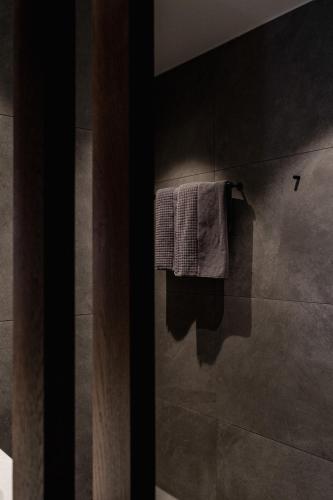a bathroom with a shower with a towel at Hotel Alte Post Südsteiermark in Leibnitz