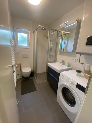 a bathroom with a washing machine and a sink at Apartments Katharina in Batalaži