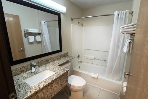 a bathroom with a sink and a toilet and a mirror at Travelodge by Wyndham Arlington/Dallas Area in Arlington
