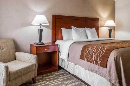 a hotel room with a bed and a chair at Comfort Inn & Suites University South in Ann Arbor