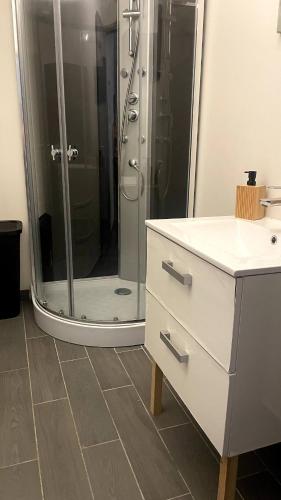 La salle de bains est pourvue d'une douche et d'une commode blanche. dans l'établissement les bambous, à Mas-Saintes-Puelles