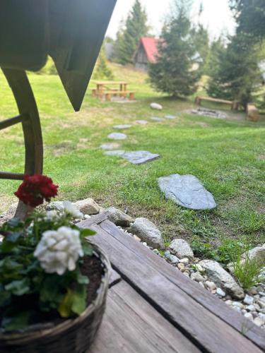 a picnic table with a potted plant and a garden at Chata pod zeleným stromom in Pribylina