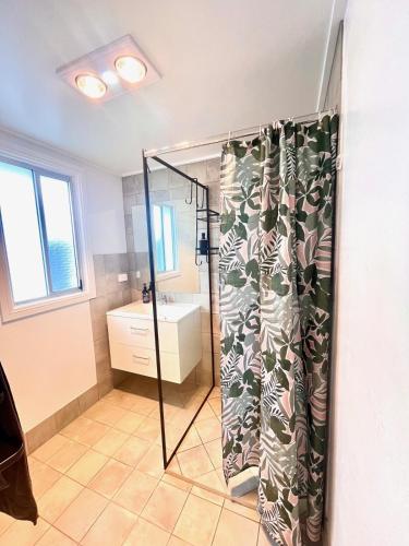 a bathroom with a shower and a sink at Denham Cottage - Quart Pot Creek in Stanthorpe