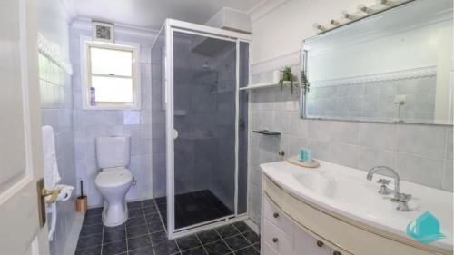 a bathroom with a shower and a toilet and a sink at Bellavista Retreat in Balmoral