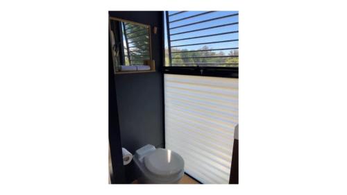 a bathroom with a toilet and a window at The Ridge by Tiny Away in Korweinguboora